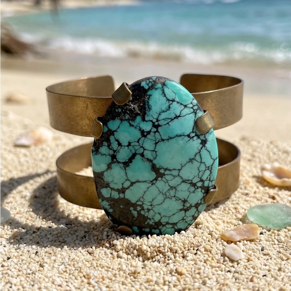 Vast Antique Brass & Matrix Turquoise Stone Statement Cuff Bracelet